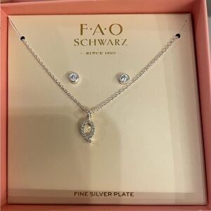 FAO Schwarz Silver Plate Earrings and Necklace with Crystal Accents Set NIB